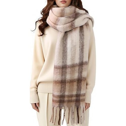 Womens Winter Scarfs, Mohair Vintage Scarf for Cold Weather, Large Chunky Scarf Cashmere Feel Blanket Pashmina Wrap Khaki & Beige