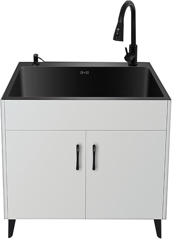 Kitchen Sinks, Stainless Steel Utility Sink with Cabinet, Laundry Sink with Cabinet, for Garage, Restaurant, Kitchen, Laundry Room, Outdoor(500X400mm/19.6X15.7in,White)