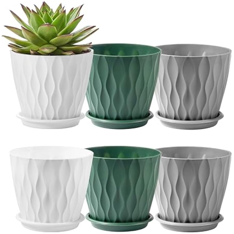 FaithLand 6-Pack 6-Inch Plastic Plant Pots with Saucers | Thickened PP Material, Modern Wave Texture, Enhanced Drainage for IndoorOutdoor Garden Plants | Tricolor Value Set