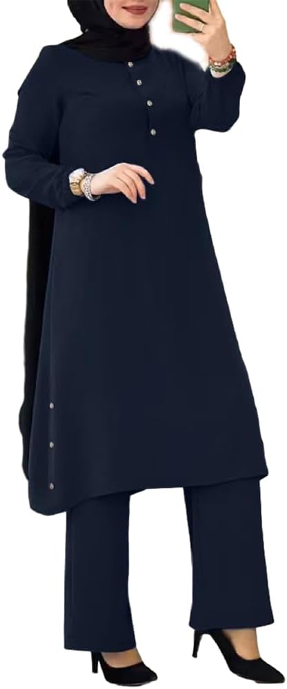 AFAVOM Women Modest Muslim Abaya Dress Long Sleeve Top Dress with Pants Dubai Kaftan Solid Islamic Clothes East Prayer Outfit
