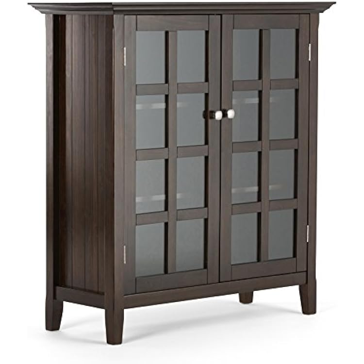 SIMPLIHOME Acadian SOLID WOOD 39 inch Wide Transitional Medium Storage Cabinet in Brunette Brown, with 2 Tempered Glass Doors, 4 Adjustable Shelves