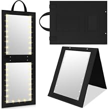 1 Pack Foldable Full Length Travel Mirror with Full Light 25.2x11.8 Inch Foldable Hanging Backstage Mirror LED Double Side Lights for Travel Camping Dance Competition Home Fitness Gift(Black)