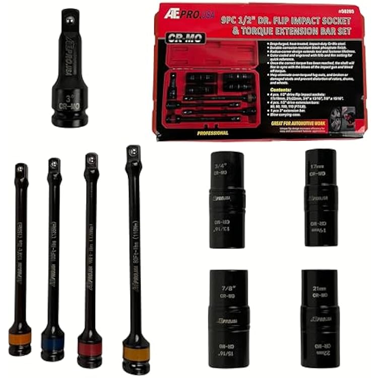 ATE Pro Tools - 9pc 12 Drive Flip Impact Lug Nut Socket METRICSAE & Torque Extension Bar Set, Thin Wall Sockets, Socket Extender, CR-MO Impact Sockets