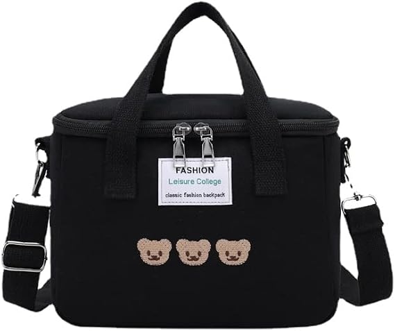 Kawaii Lunch Bag Cute Bears Lunch Box Reusable Thermal Cooler Lunch Tote Bag for Back to School Supplies (Black)