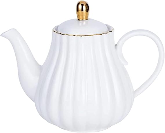 YBK Tech Strengthen Porcelain Teapot, 31oz Coffee Pot Ceramic Teapot- Stripe Design (White)