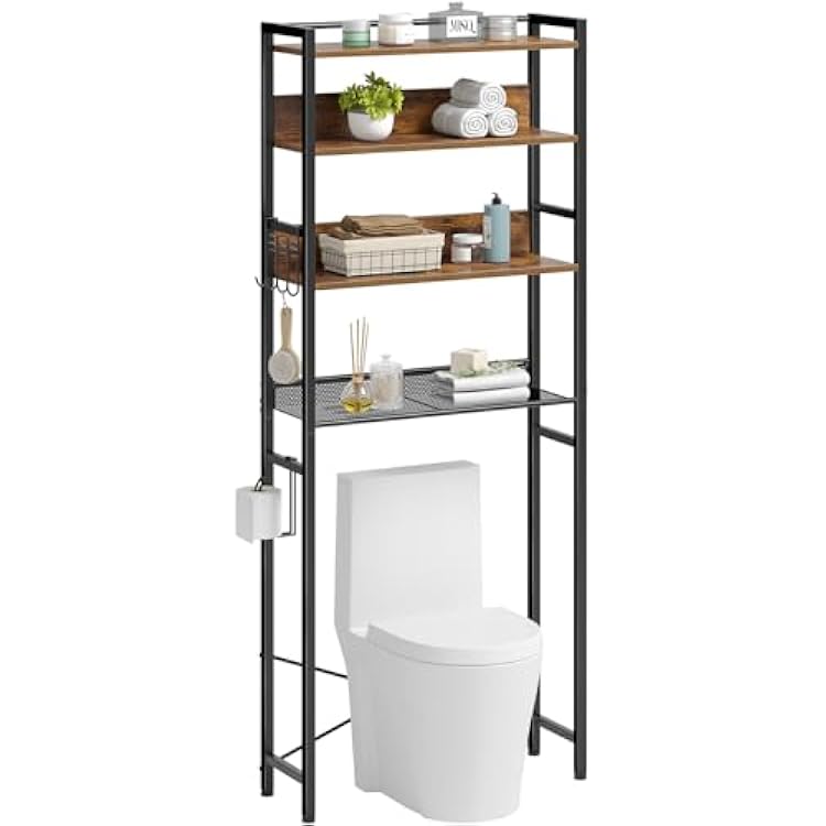 Rolanstar Over The Toilet Storage 4-Tier, Freestanding Bathroom Organizer, Sturdy Behind Toilet Rack with Hooks, Space-Saving Design, Fits Most Toilets, Rustic Brown