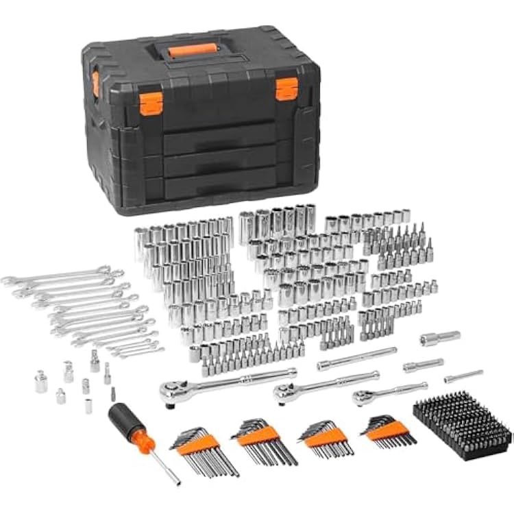 Mechanics Tool Set and Socket Set, 14 38 12 Drive Deep and Standard Sockets, 450 Pcs SAE and Metric Mechanic Tool Kit with Bits, Hex Wrenches, Combination Wrench, Accessories, Storage Case
