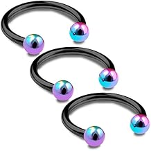3pcs 16g Horseshoe Ring Lip Nose Septum Cartilage Hoop Tragus Forward Helix Black Anodized Steel Rainbow Balls - Pick Size