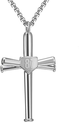 RWQIAN Cross Number Necklace for men - Sport Stainless Steel Cross Silver Chain for MenWomen, Baseball Bat Cross Pendant Chain Baseball Fans Jewelry Gift