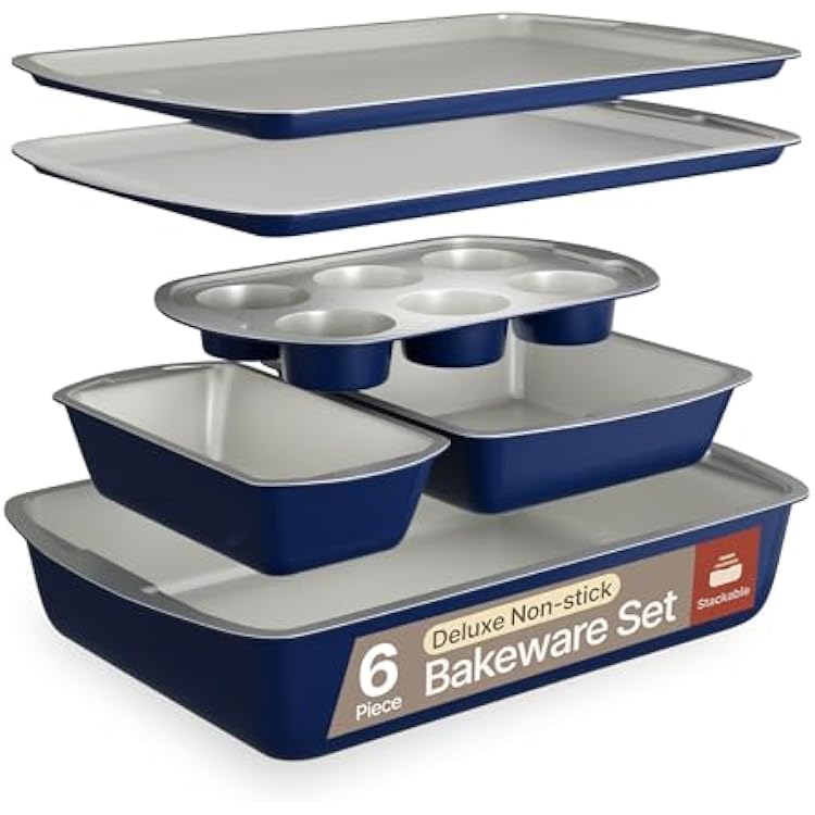 BAKKEN 6-Piece Kitchen Baking Pan Set - Royal Blue Color with Gray Ceramic Nonstick Coating, Commercial Grade Carbon Steel Bakeware, Baking Essentials, PFOA, PFOS, PTFE Free, Oven Safe Up To 450 F