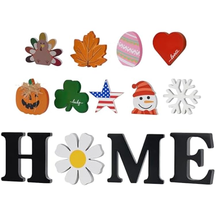 Interchangeable Home Table Signs with 13 Pcs Seasonal Icons, Wooden Changeable Home Sign for Seasonal Decor, HOME Letter Sign for Harvest Festival, Halloween,Thanksgiving, Christmas, Easter