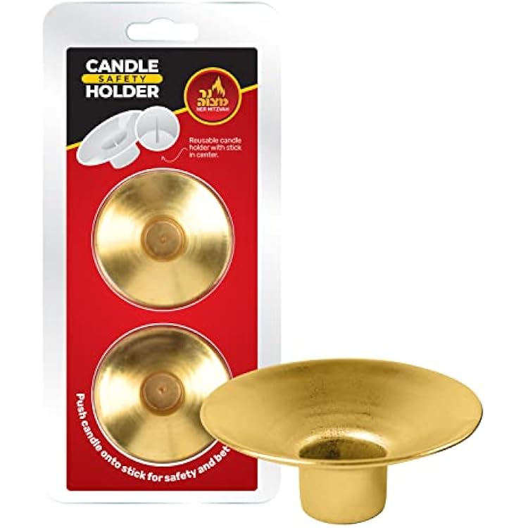 Ner Mitzvah Reusable Metal Candlestick Liners and Drip Guards - Safety Pin Holds Candles in Place - Nickel Plated Protector Bobeches - Gold - 2 Pack
