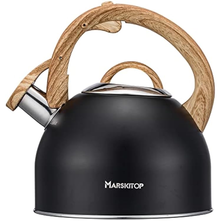 MARSKITOP Whistling Tea Kettle for Stove Top 2.6 Quart, Food Grade Stainless Steel Tea Pot for Stove Top with Anti-Hot Handle, Black