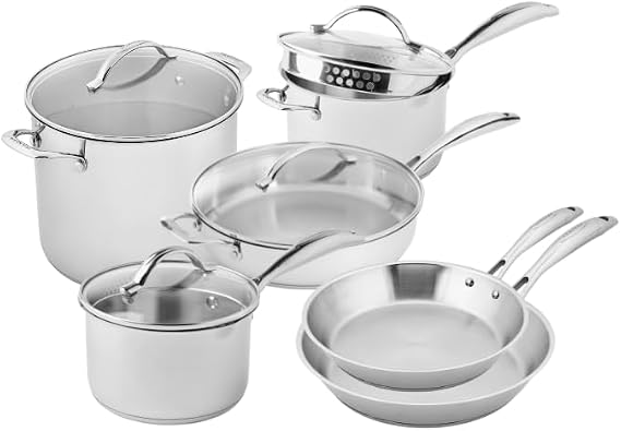Scanpan STS Stainless Steel 10-Piece Cookware Set, 18/10 Stainless Steel Body, Compatible with All Cooktops, Induction, Oven Safe to 480F incl. lid, Professional Cookware, Silver