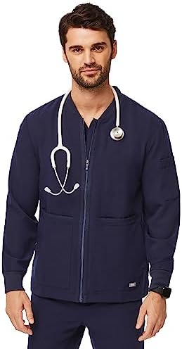 FIGS Zapote Scrub Jacket for Men 7 Pockets, Bomber Silhouette, Ribbed Collar & Cuffs, 4-Way Stretch
