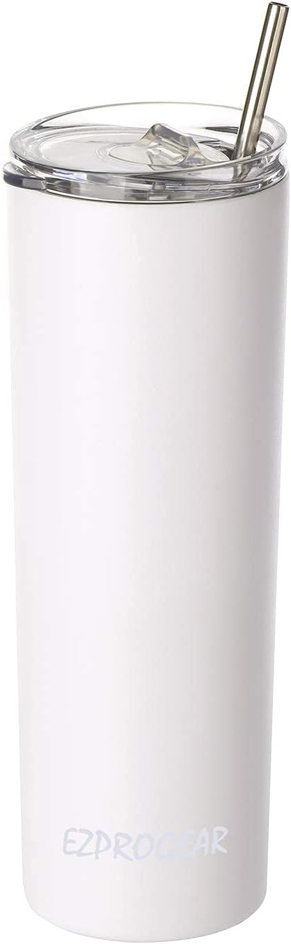 Mr Mower Parts Sublimation 20 OZ White Straight Skinny Tumbler with Plastic Straw, Sublimation Tumblers for Heat Transfer DIY, Sublimation Blanks, Mugs, Double Walled Stainless Steel Travel