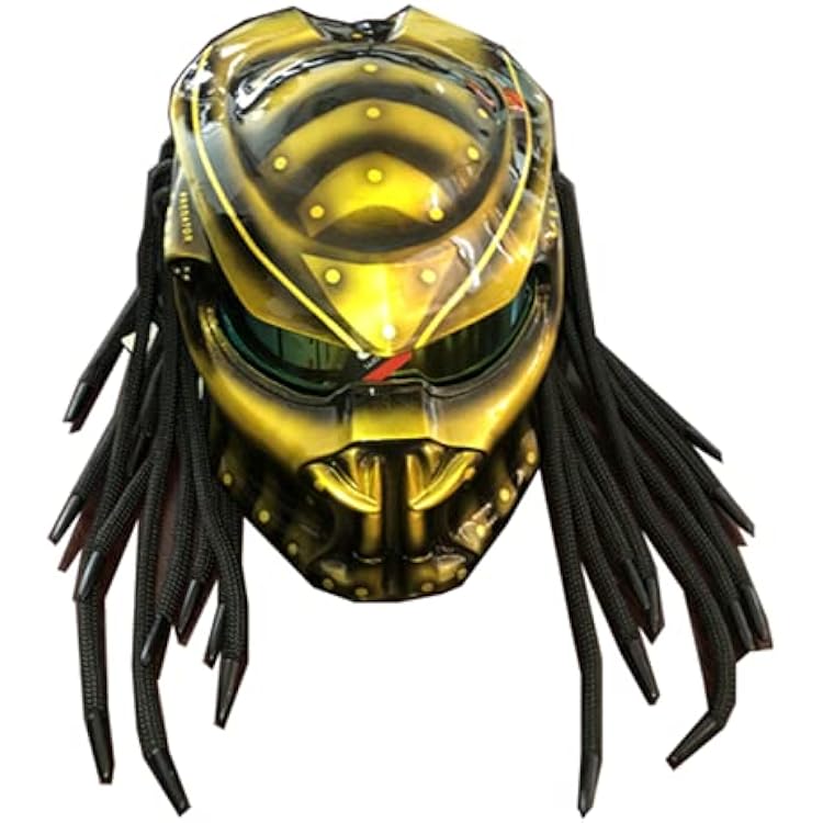 Predator Motorcycle Helmet, Motorcycle Full Face Helmet with Hair Braid and LED Light for Outdoor Riding Or Club Parties, and Angle Acting Prop, DOT Certified,Yellow wasp,XL