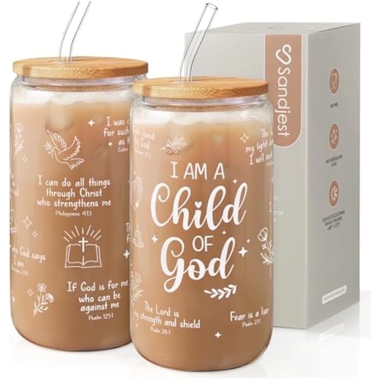 SANDJEST Christian Glass Can, I am Child of God Cup with Lid & Straw, Iced Coffee Aesthetic Cups, Idea Gift for Christmas Birthday, Gifts for Women, 16oz