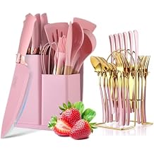 24 Pieces Flatware Set and 19 PCS Cooking Utensils Set,Stainless Steel Flatware Set with Silverware Holder Spoons Forks Knives,Silicone Kitchen Utensils Set with Holder and Kitchen Knife Set