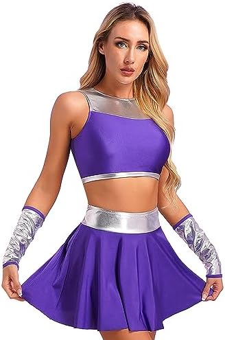 Womens Halloween Alien Fancy Dress Outfit Set Purple Crop Tops with Mini Skirt and Gloves