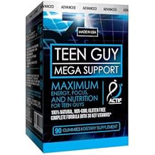 Actif Teen Guy Mega Support with 30 Organic Vitamins, Omega-3, Super Greens, Fruits, Vegetables Energy and Memory Supplement for Teens, 90 Gummies