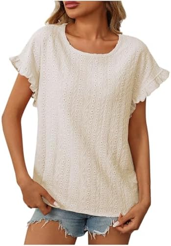 Womens Spring Summer Tops Ruffle Short Sleeve Cute T-Shirt Casual Loose Round Neck Solid Color Blouses