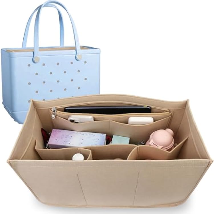 Rubber Beach Bag Organizer Compatible with Bogg Bag Tote & Simply Southern Tote,Felt Bag Organizer,Insert Divider Pouch Zipper for Bags,7 Pocekets,Beige- Large