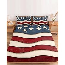 Bedding Queen Size Fitted Sheets Fit 5"-16" Deep Pocket Mattress,Retro American Flag Star and Stripe Soft Bottom Sheet Patriotic Theme Red Blue Fitted Sheet Bed Set with Pillow Case