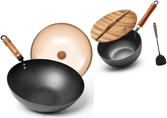 WANGYUANJI 12.6-Inch Wok Pan with Lid, Flat Bottom Wok with Detachable Wooden Handle, Compatible with All Stovetops,Iron Wok 8.7 Inch Deep Frying Skillet with Wooden Lid