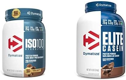 Dymatize ISO100 Hydrolyzed Protein Powder, 25g of 100% Whey Isolate Protein, Gourmet Chocolate, 20 Servings Elite Casein Protein Powder, 100% Micellar Casein, Rich Chocolate, 4 Pound