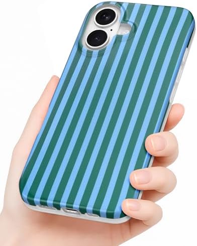 Compatible with iPhone 17 Case, with Aesthetics Striped Design Case for Women Girl, Cute Fashion Simple Soft TPU Slim Protection Phone Case for iPhone 17 6.1 - Dark Green & Blue