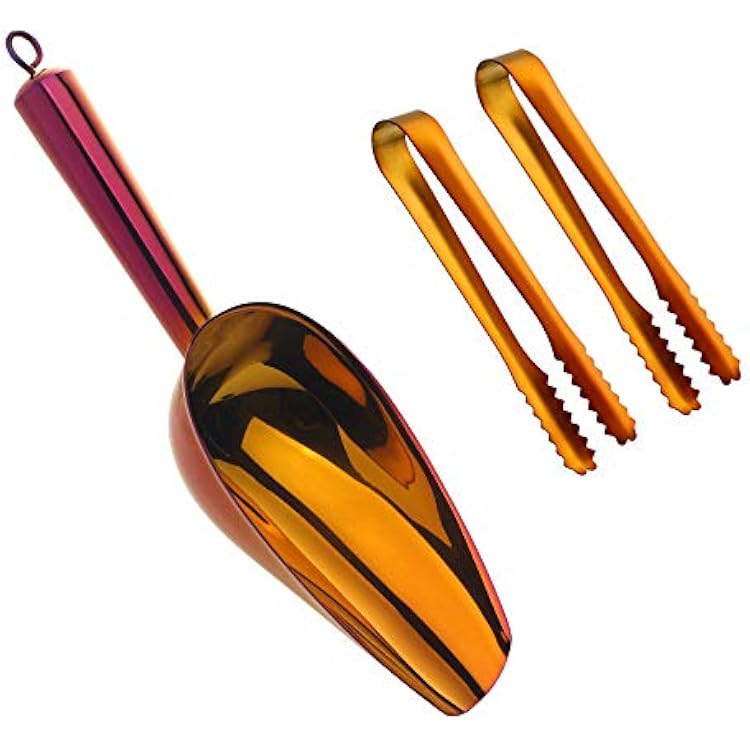 Stainless Steel Ice Scoop and Tongs Set - 6 Inches Serving Tongs With Teeth for Large Cubes, Round Bottom Bar Utility Scoop, Freezer, Bucket - Set of 3 Rainbow Red