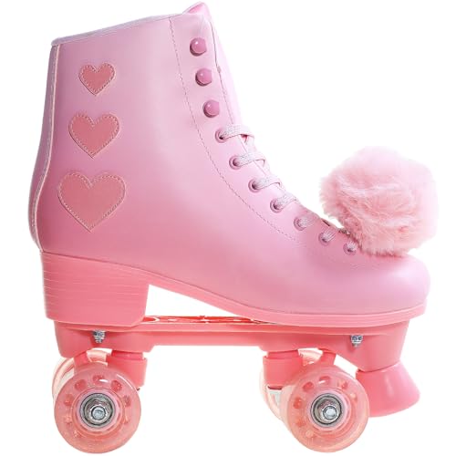 Roller Skates for Women, High Top PU Leather Rollerskates, Shiny Double-Row Four Pink Wheels Quad Skates for Girls and Age 8-50 Indoor Outdoor