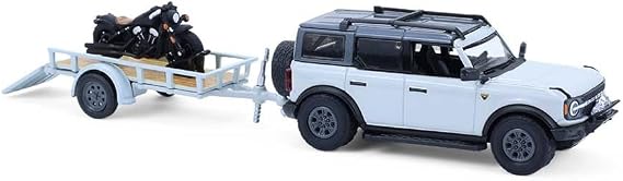 Greenlight Collectibles 1:64 Hitch & Tow Series 33-2021 Ford Bronco 4-Door Badlands in Cactus Grey with Utility Trailer and Motorcycle 32330-D