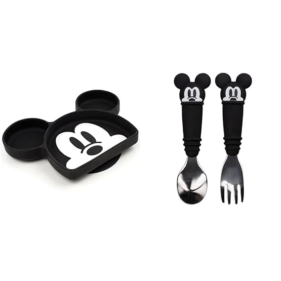 Bumkins Mickey Mouse Silicone Plate, Toddler Utensils, Fork Spoon Set, Divided Dish, Suction Base, BPA Free, 18 Mos+ (1 Count)