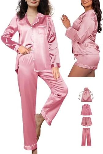 WJing Yi Jia 4Pcs Womens Silk Pajamas Set XS-XXL Satin Pajama Sets for women Silky Pj Set Sleepwear Pjs Nightwear Loungewear