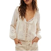 Women Summer Sheer Tie Front Top Y2k Peplum Chiffon Blouse Eyelet Long Sleeve Flowy Lace Beach Cover Up Boho Tops