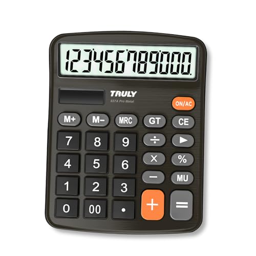 TRULY 12-Digit Desktop Calculator with Large Display, Big Buttons, Dual Power Solar  Battery, Metal Finish, Ideal for Office, Home, School 837A Pro Black
