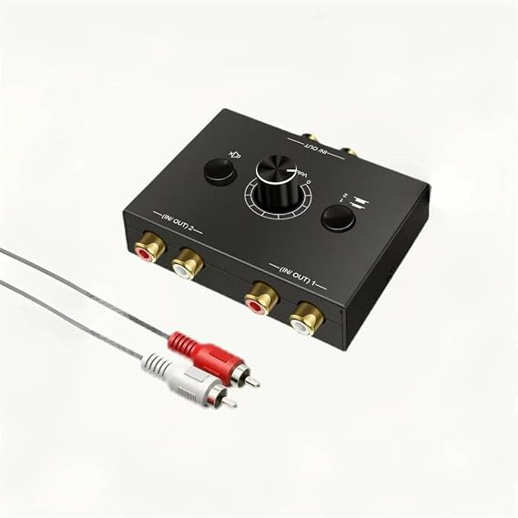 RCA Stereo Audio Switcher R/L Audio Selector Splitter 2(1)-in-1(2)-Out Audio Selector Switch Box with One Key Mute and Switch Compatible Active Speaker,PC,Ipad,etc