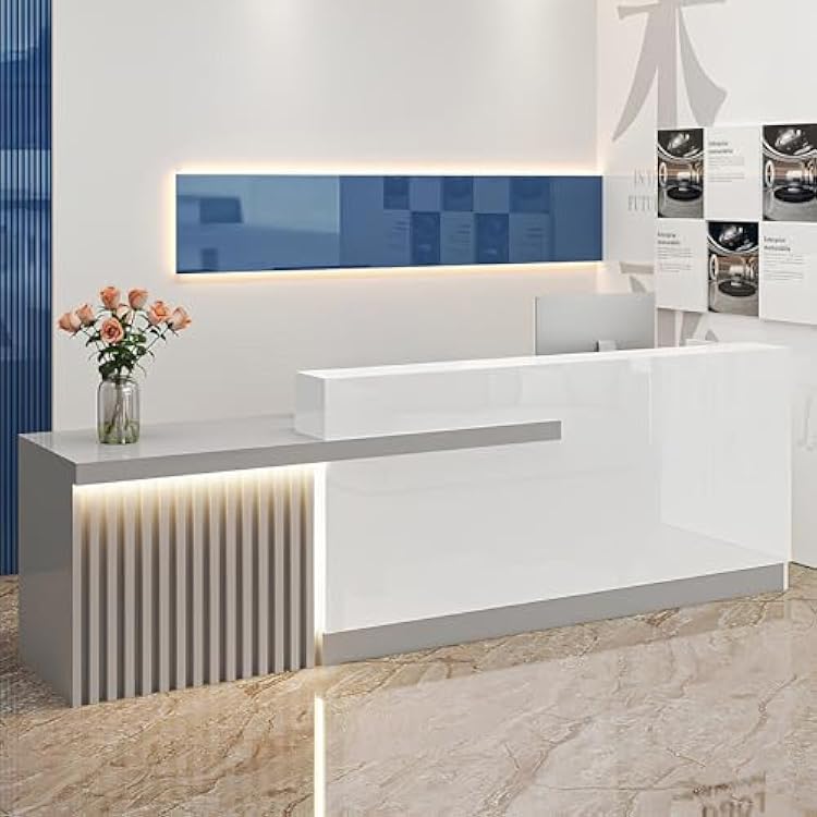 Modern Reception Desk with Counter, Salon Reception Desk with Lockable Drawer & Door Cabinet & Light Strip Receptionist for Office Boutique Lobby Shop