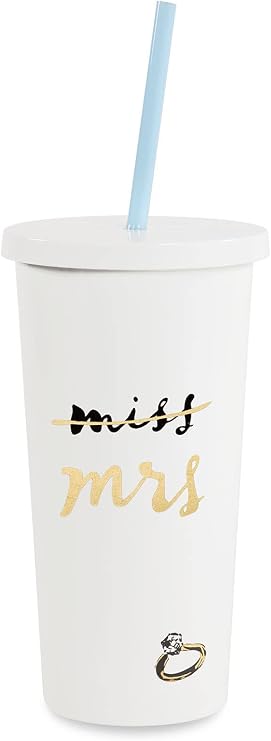 Kate Spade New York Acrylic Bridal Tumbler with Lid and Straw, 20 oz Tumbler for Bride to Be, Slim Double Wall Tumbler, Miss to Mrs. White