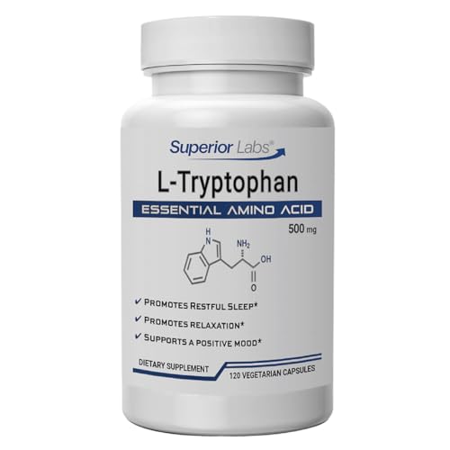 Superior Labs L-Tryptophan 500 mg Capsules, Pure Non-GMO Amino Acid, High Absorption, Supports Sleep and Mood, Helps with Occasional Stress, PMS Support, 120 Veg Caps