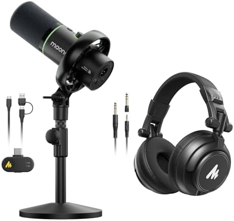 MAONO PD200W Hybrid Wireless Podcast Microphone with MH601 Professional Studio Monitor Headphone Bundle(PD200W-Desktop(Type-C Receiver)+MH601)