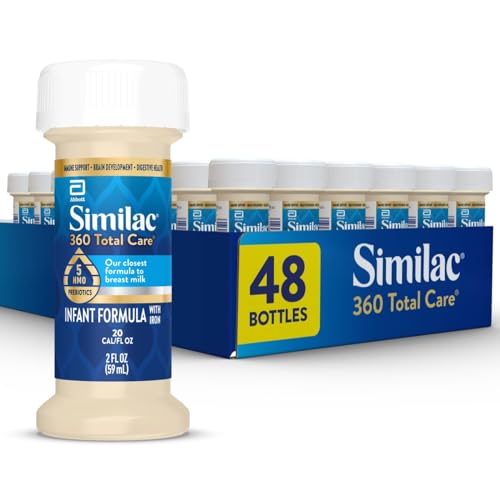 Similac 360 Total Care Infant Formula With 5 HMO Prebiotics, Our Closest Formula to Breast Milk, Non-GMO,‡ Baby Formula, Ready to Feed, 2-fl-oz Bottle, Pack of 48