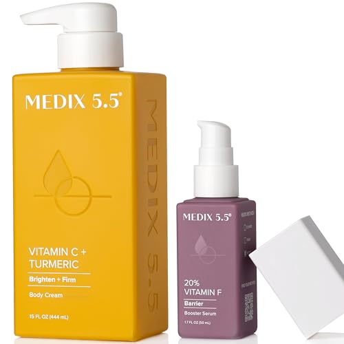 MEDIX Vitamin C Cream  Vitamin F Booster Serum Body Lotion Moisturizer 2PC Skin Care Set | Firming & Brightening Cream Diminishes Uneven Skin Tone, Age Spots, Dry Skin, Sun Damage, 2PC Bundle