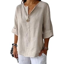 DMOYALA Linen Shirts for Women Summer Cotton Linen V Neck 3/4 Sleeve Tops Loose Vacation Beach Solid Blouses Tunic Tops