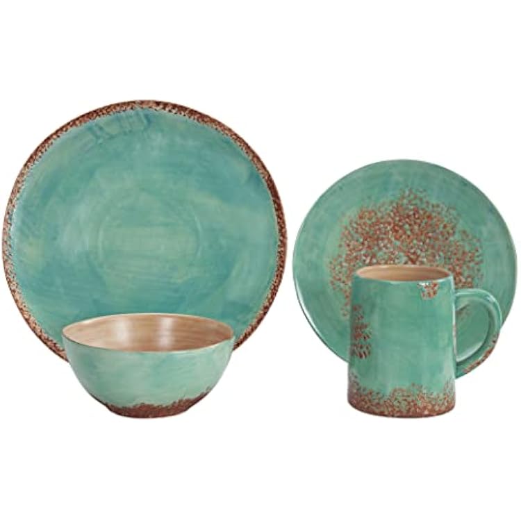 Paseo Road Patina Turquoise 16 Piece Ceramic Southwestern Rustic Cabin Dinnerware Set with Plates, Bowls and Mugs