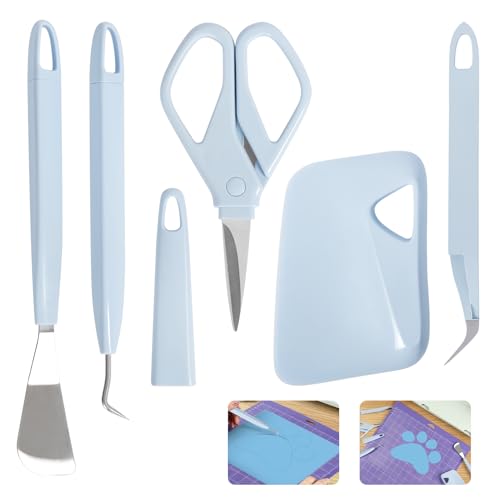 TORC Craft Weeding Tools Set for Transfer Vinyl, 5Pcs Professional DIY Weeding Kits - Weeder, Scraper, Spatula, Tweezers, Scissors for CricutSilhouetteSiserOracal 631651751 Vinyl Light Blue
