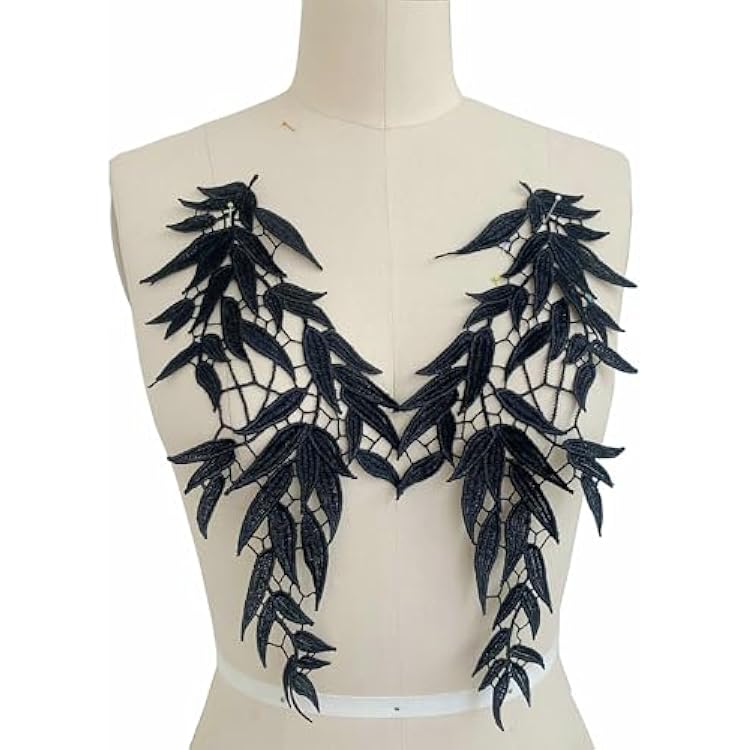 Leaf Pattern Lace Applique Patches Embroidered Floral Neckline Collar Trim Black and White DIY Sewing Craft Supplies for Garment Decoration Black