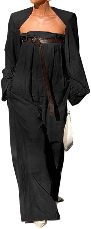 UOOZEE Womens 2025 2 Piece Outfits Dressy Casual Wide Leg Long Pants Belted Overalls Jumpsuits Long Sleeve Crop Top Set